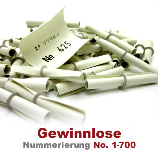 Röllchenlose weiß, Gewinnlose 1 - 700, optional mit Nieten & Aufklebenummern