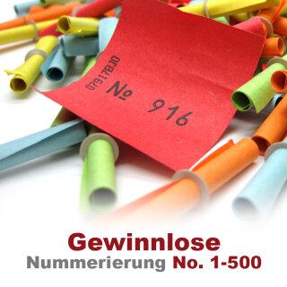 Röllchenlose bunt, Gewinnlose 1 - 500, optional mit Nieten & Aufklebenummern | keine Aufklebenummern | keine Nieten